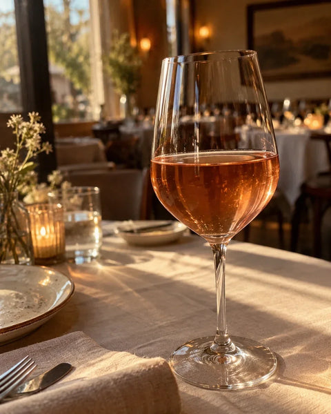 Verre de pétillant sans alcool servi à table dans une salle de restaurant, lumière dorée de fin de journée