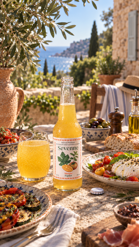 Bouteille et verre Sevenne Mangue Figuier, boisson pétillante sans alcool, sur une table de terrasse méditerranéenne