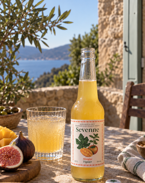 Bouteille et verre Sevenne Mangue Figuier, boisson pétillante sans alcool, avec mangue et figues fraîches sur une terrasse méditerranéenne